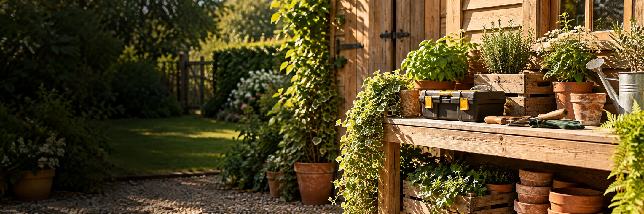 Garden workbench with plants and hand tools